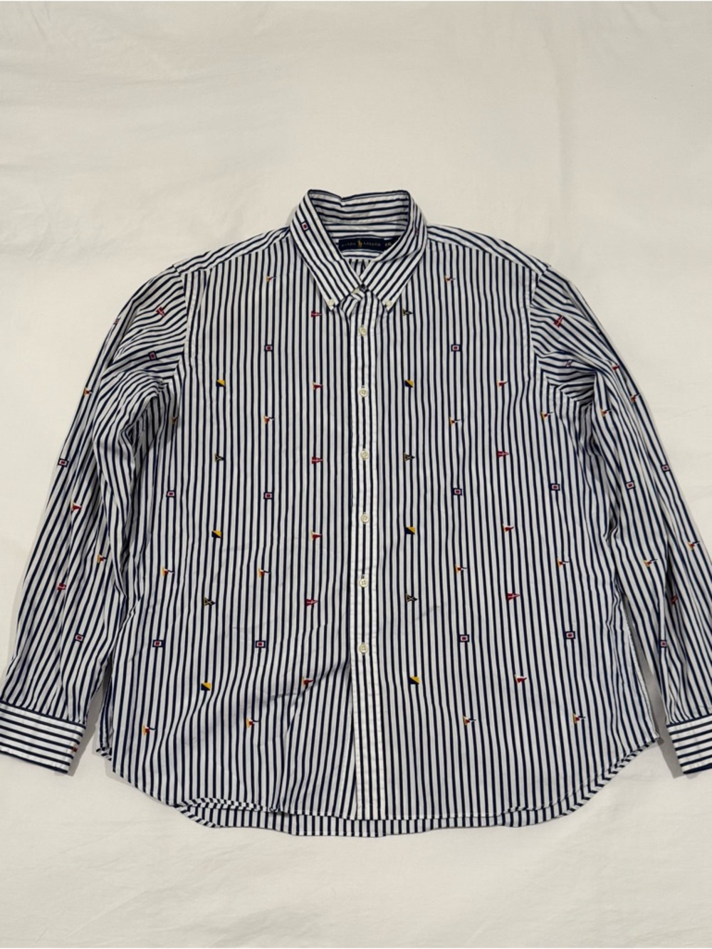 Polo Ralph Lauren Men's White And Navy Striped Long Sleeve Button Up Shirt